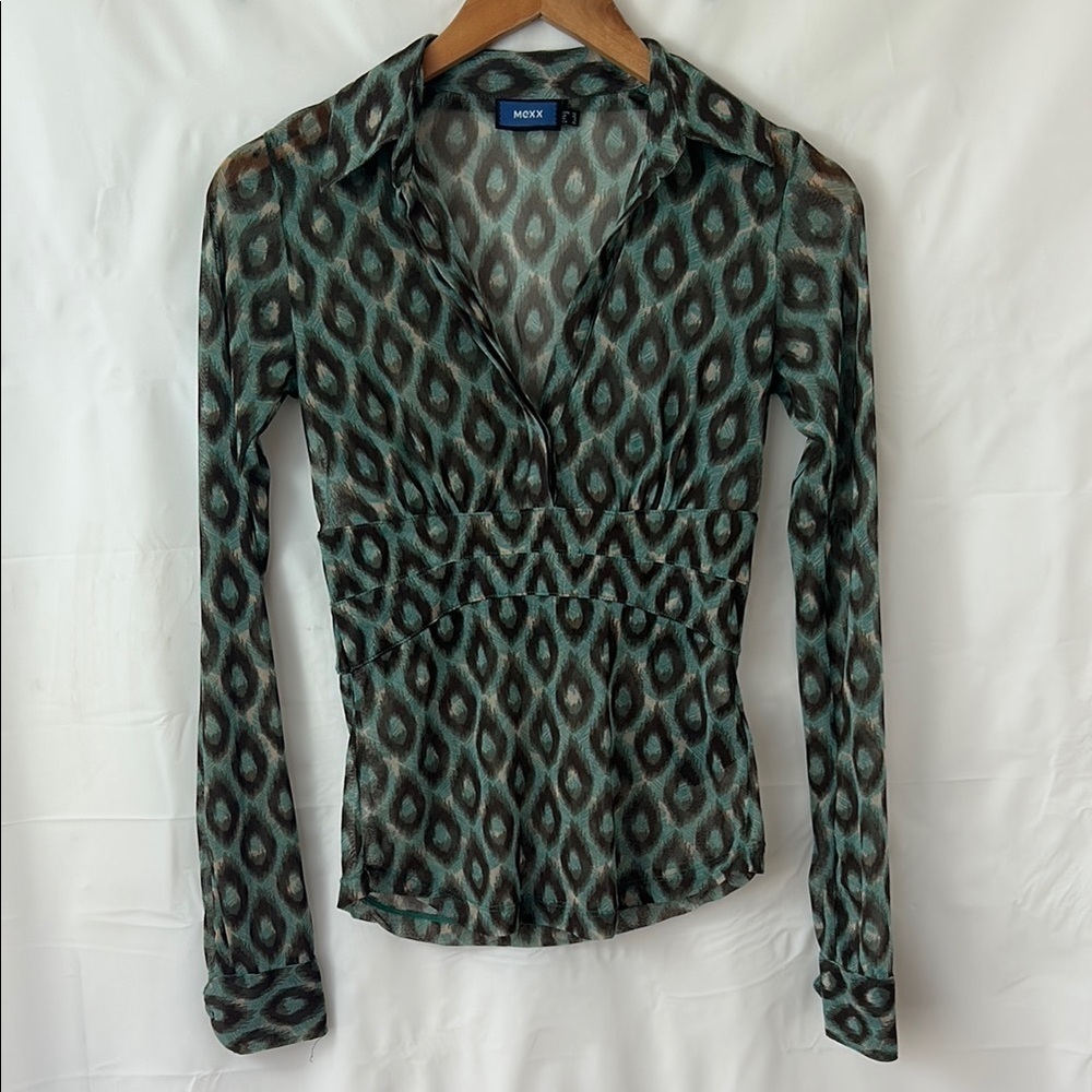 Mexx teal and Gray sheer pattern long sleeve blouse size extra small 90’s